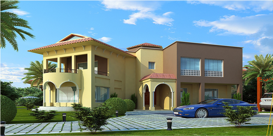 Architectural rendering of a two-storey villa with landscaped gardens